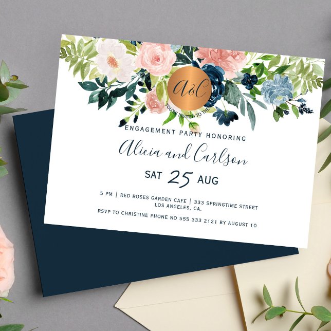 Elegant floral navy blue monogram engagement party invitation (Creator Uploaded)