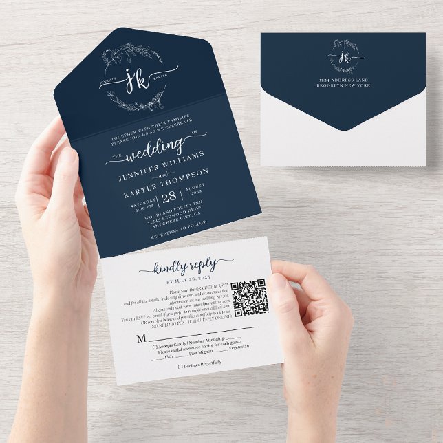 Elegant Floral Navy Blue Monogram QR Code Wedding All In One Invitation (Creator Uploaded)