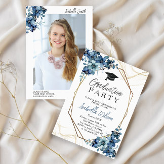 Elegant Floral Navy Blue Photo Graduation Party  Invitation