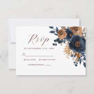 Elegant Floral Navy Blue Terracotta Garden Wedding RSVP Card