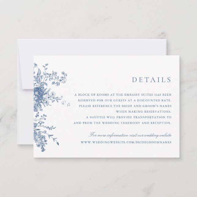 Elegant Floral Navy Blue Wedding Details Insert  Invitation (Front)