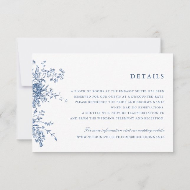 Elegant Floral Navy Blue Wedding Details Insert  Invitation (Front)