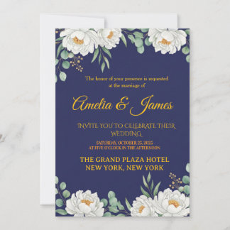 Elegant Floral Navy Blue Wedding Invitation