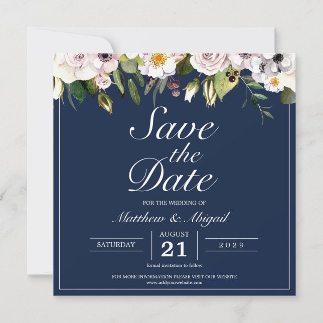 Elegant Floral Navy Blue Wedding Save The Date (Front)