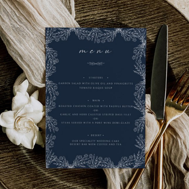 Elegant Floral Navy Blue Wedding Table Dinner Menu (Creator Uploaded)