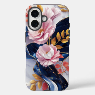 Elegant Floral Navy Marble iPhone Case