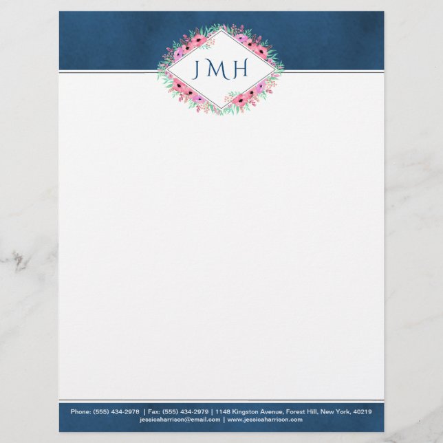 Elegant Floral & Navy Personal Or Business Letterhead (Front)