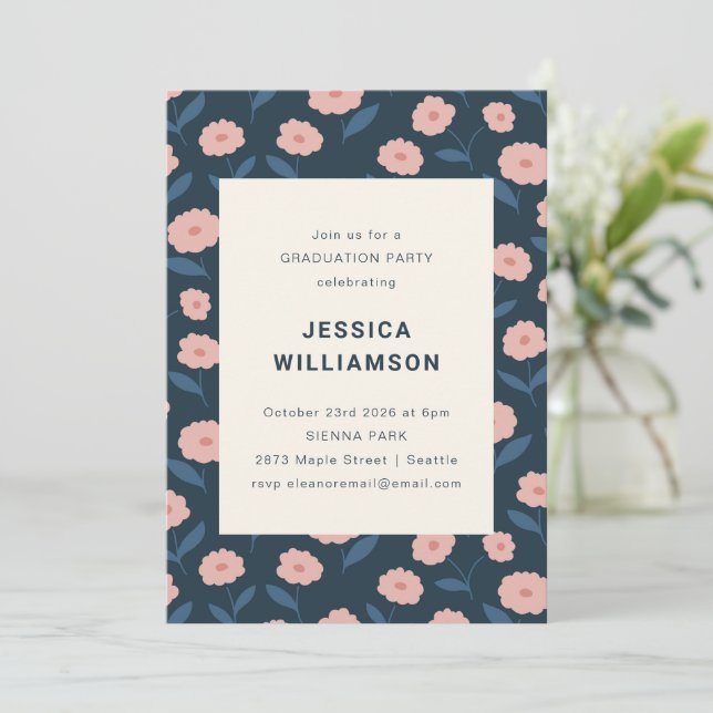 Elegant Floral Navy Pink Modern Graduation Party  Invitation (Standing Front)