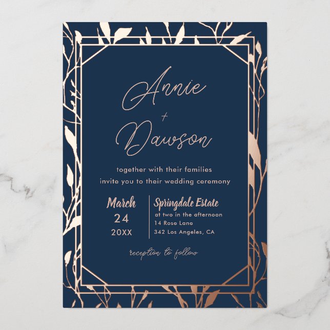 Elegant Floral Navy & Rose Gold Wedding (Front)
