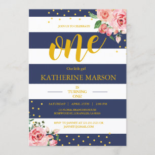 Elegant Floral Navy White Stripes Birthday Party Invitation
