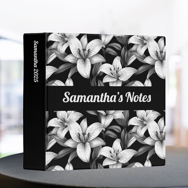 Élégant Floral noir et blanc Classeur personnalisé (Créateur téléchargé)