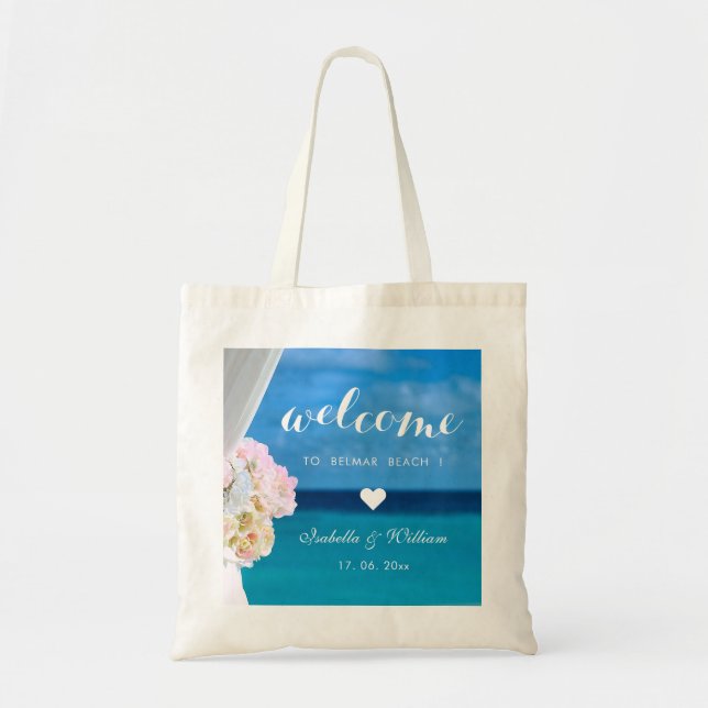 Elegant Floral Ocean Beach Wedding Welcome Favour Tote Bag (Front)