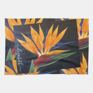 Elegant Floral Orange Bird Of Paradise Name Script Kitchen Towel