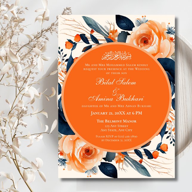Elegant Floral Orange & Blue Roses Islamic Wedding Invitation (Creator Uploaded)
