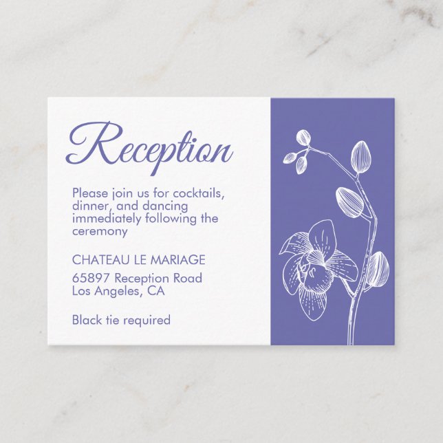 Elegant floral orchids modern periwinkle reception enclosure card (Front)