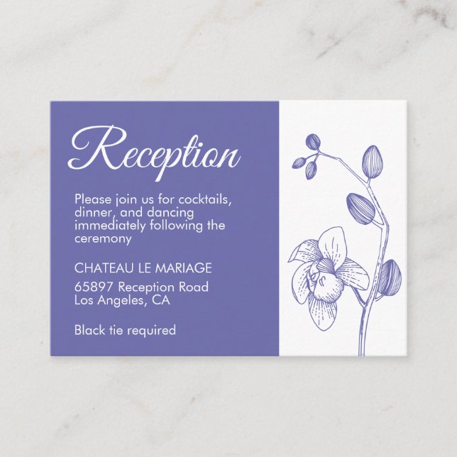 Elegant floral orchids modern periwinkle reception enclosure card (Front)
