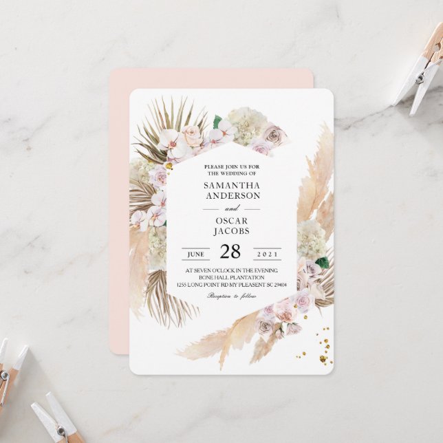 Elegant Floral Orchids & Pampas Beauty Frame Invitation (Front/Back In Situ)