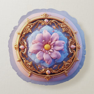 Elegant Floral Ornament With Golden Accents Round Pillow