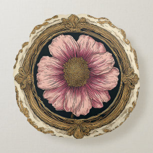 Elegant Floral Ornament With Golden Accents Round Pillow