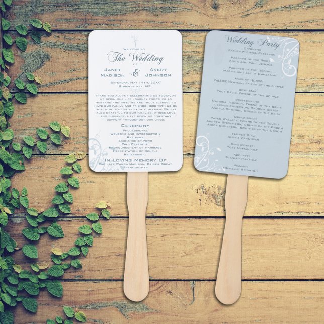Elegant Floral Pale Light Blue Wedding Program Hand Fan (Creator Uploaded)