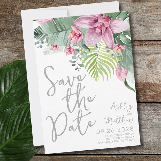 Elegant Floral Palm Leaves Wedding Save The Date (Fun Modern Floral Palm Leaves Tropical Wedding Save The Date)