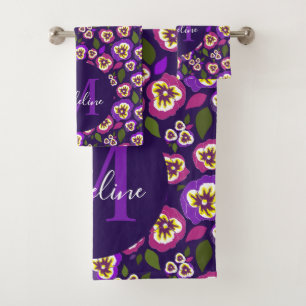 Elegant Floral Pansies Pattern Purple Monogram Bath Towel Set