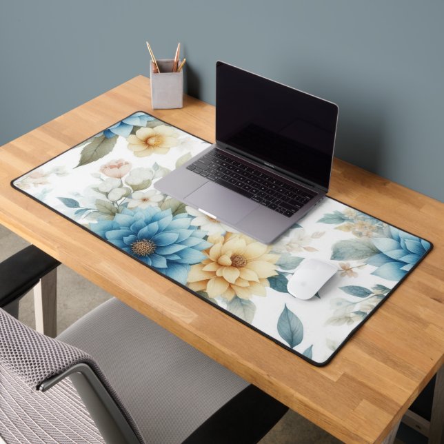 Elégant floral Pastel bleu et jaune sur blanc (Bureau 2)