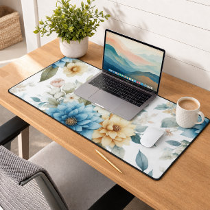 Elegant Floral Pastel Blue and Yellow on White Desk Mat