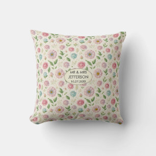 Elegant Floral Pastel Customized Wedding Name Date Throw Pillow