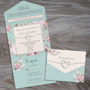 Elegant Floral Pastel Pink and Blue Wedding All In One Invitation