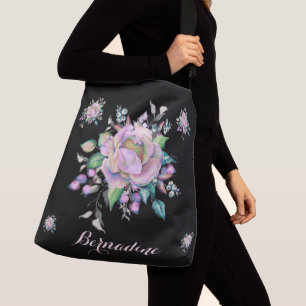 Elegant Floral Pastel Watercolor Personalize Black Crossbody Bag