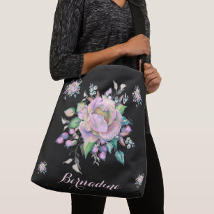 Elegant Floral Pastel Watercolor Personalize Black Crossbody Bag