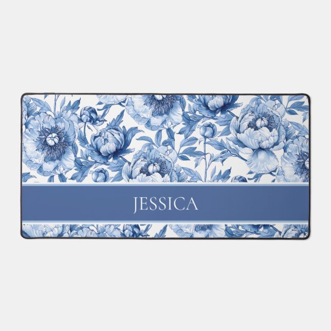 Elegant Floral Pattern Blue and White Chinoiserie Desk Mat (Front)