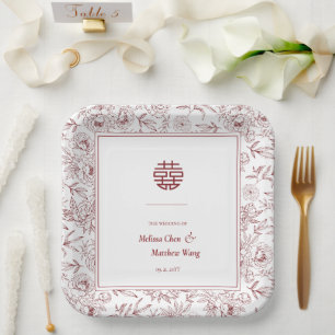 Elegant Floral Pattern Double Xi Chinese Wedding Paper Plate
