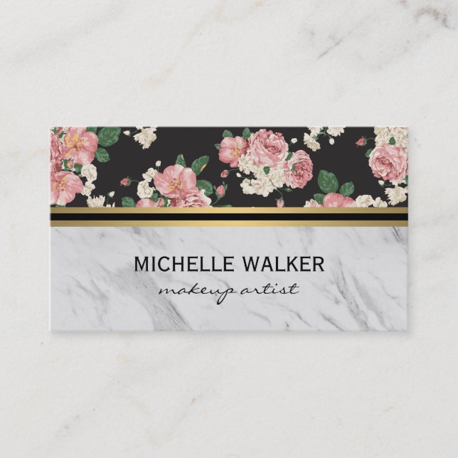 Elegant Floral Pattern Gold Metallic Trim Marble Business Card (Front)
