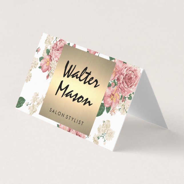 Elegant Floral Pattern Gold Trim Square Business Card (Front)