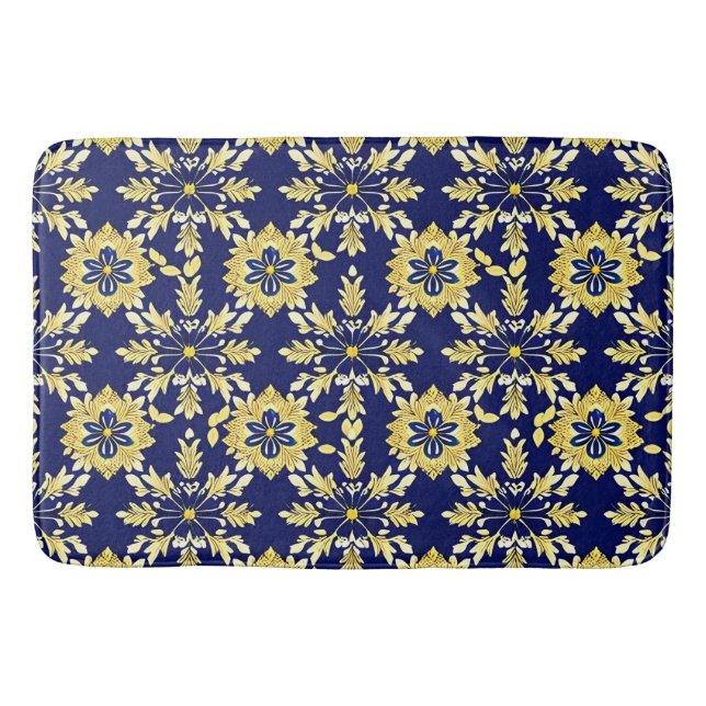 Elegant Floral Pattern in Gold and Blue Bath Mat (Front)