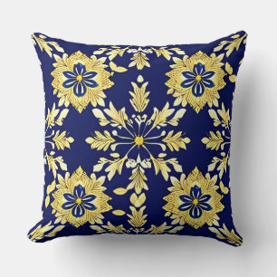 Elegant Floral Pattern in Gold and Blue Throw Pillow