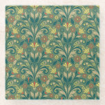 Elegant Floral Pattern in Yellow and Red on Green Glass Coaster<br><div class="desc">Ornate floral pattern with symmetrical yellow,  red,  and beige flowers and leaves on a green background. Design evokes a vintage,  elegant feel.</div>