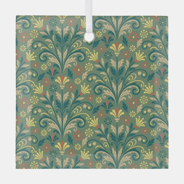Elegant Floral Pattern in Yellow and Red on Green Glass Ornament (Front)