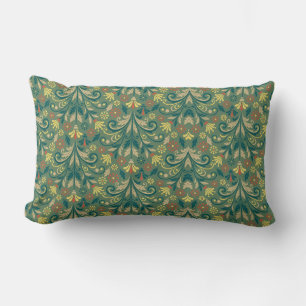 Elegant Floral Pattern in Yellow and Red on Green Lumbar Pillow