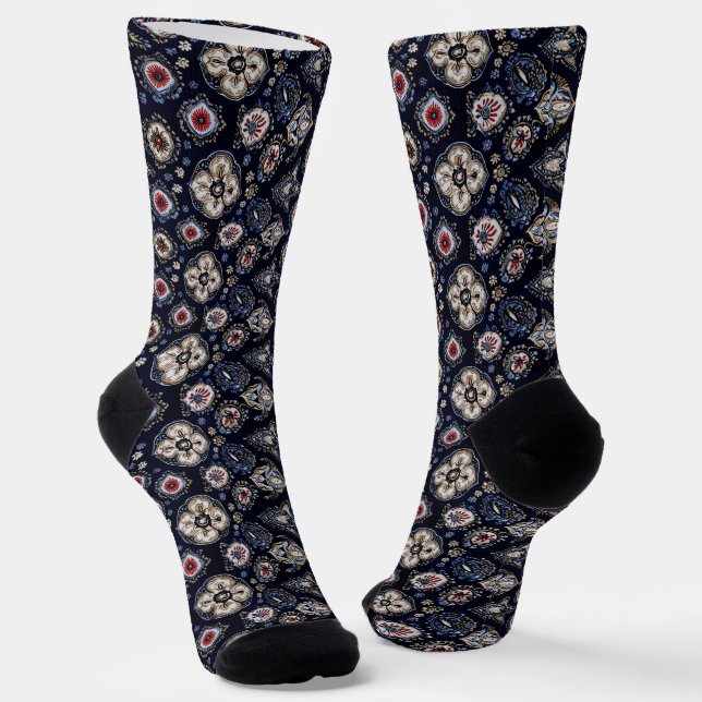 Elegant Floral Pattern Navy Blue Socks (Angled)