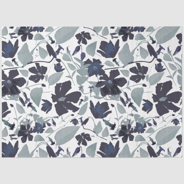 Elegant Floral Pattern Navy Grey Watercolor  Tissue Paper (Front)