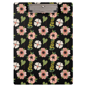 Elegant Floral Pattern on Black   Chic Botanical  Clipboard