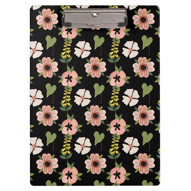 Elegant Floral Pattern on Black | Chic Botanical  Clipboard (Front)
