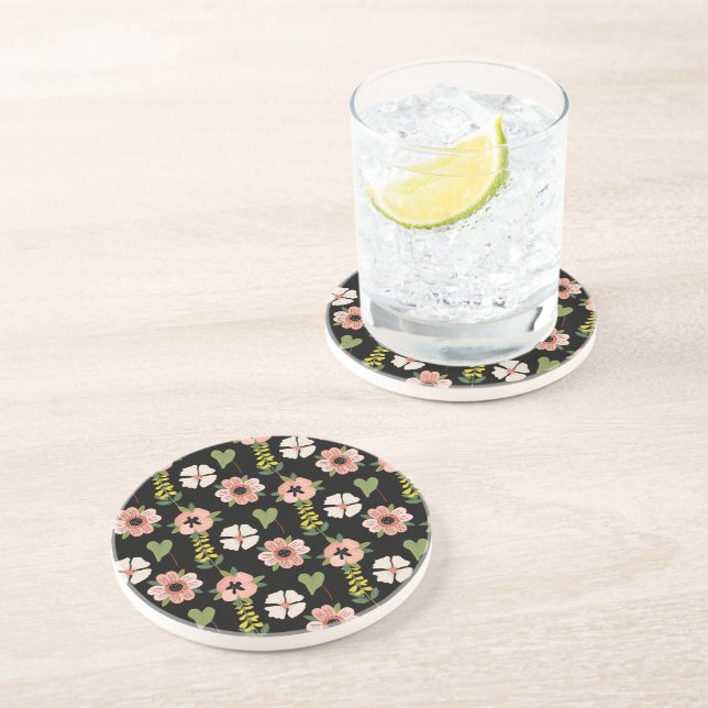 Elegant Floral Pattern on Black | Chic Botanical  Coaster (Side)
