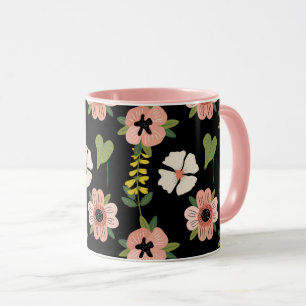 Elegant Floral Pattern on Black   Chic Botanical  Mug