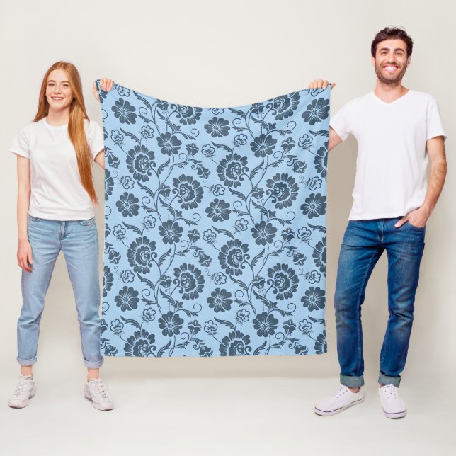 Elegant Floral Pattern on Light Blue Back Fleece Blanket (In Situ)