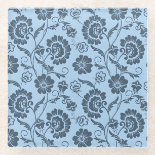 Elegant Floral Pattern on Light Blue Back Glass Coaster
