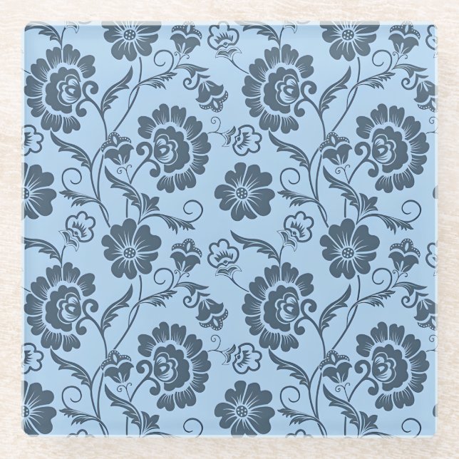 Elegant Floral Pattern on Light Blue Back Glass Coaster (Front)